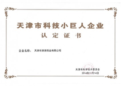 2014年天津市科技小巨人企業(yè)認定證書